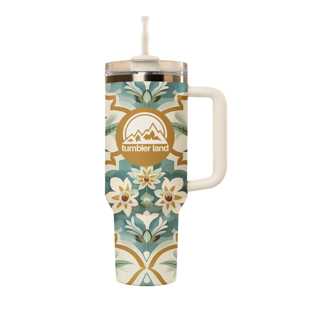 40oz Floral Tumbler | White Handle | Insulated Mug | Gift