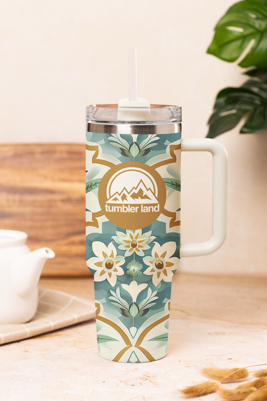 40oz Floral Tumbler | White Handle | Insulated Mug | Gift