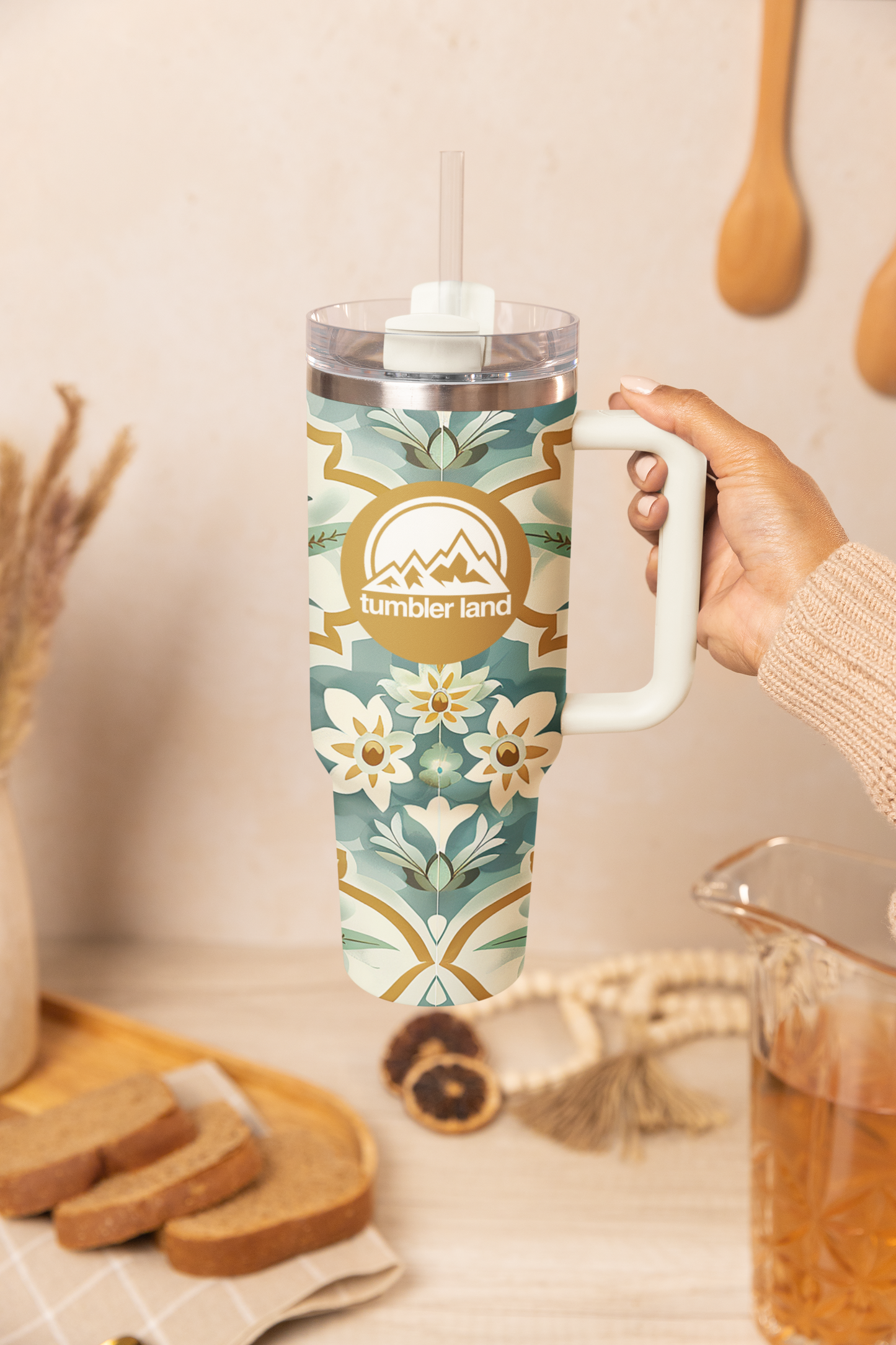 40oz Floral Tumbler | White Handle | Insulated Mug | Gift