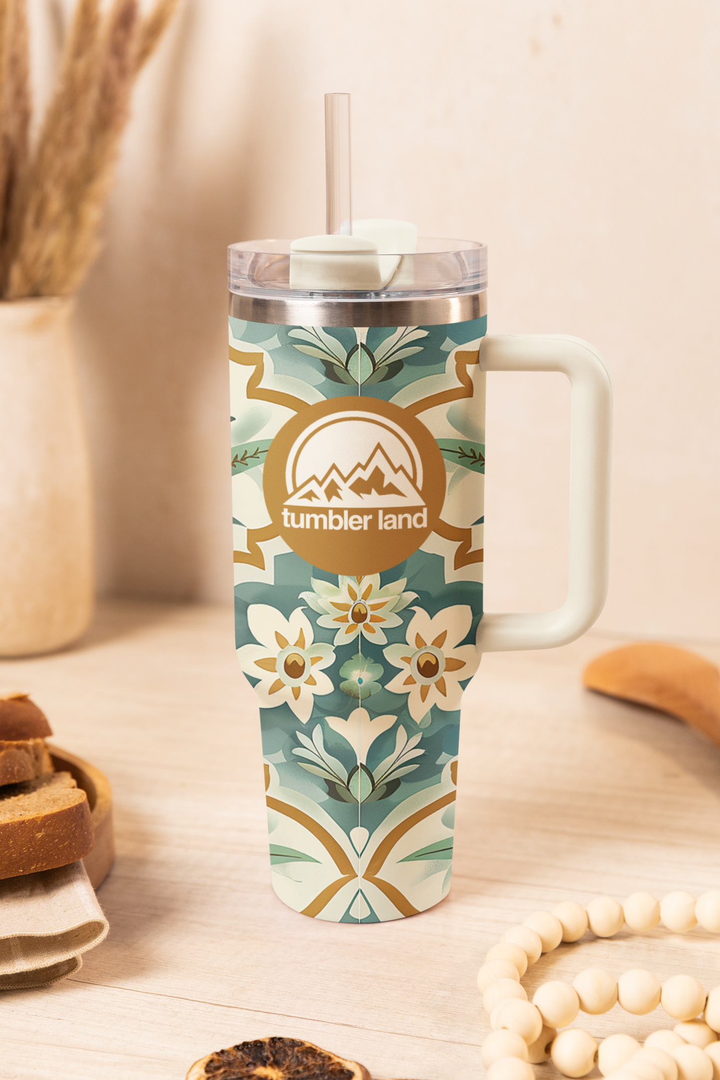 40oz Floral Tumbler | White Handle | Insulated Mug | Gift
