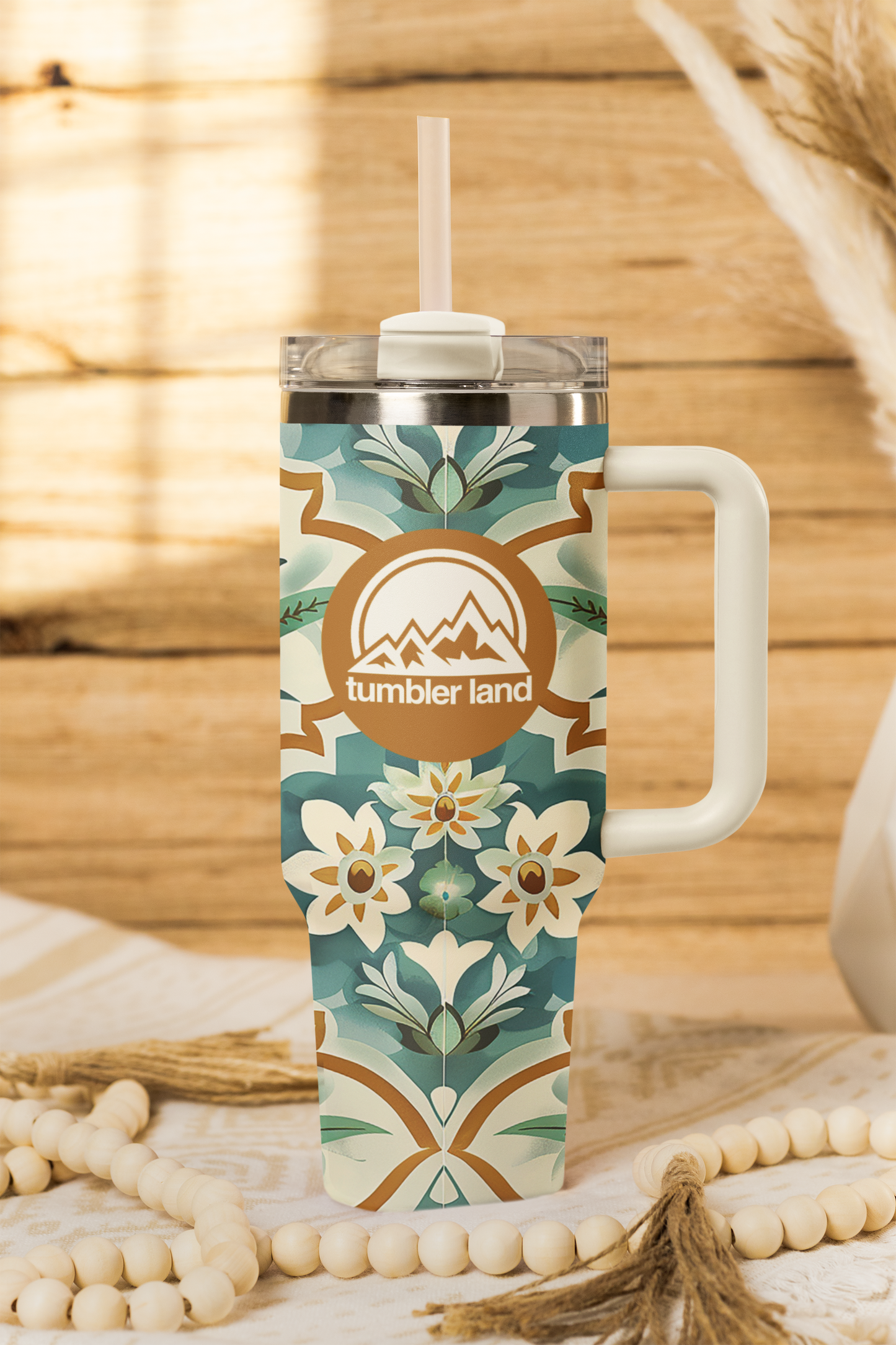40oz Floral Tumbler | White Handle | Insulated Mug | Gift