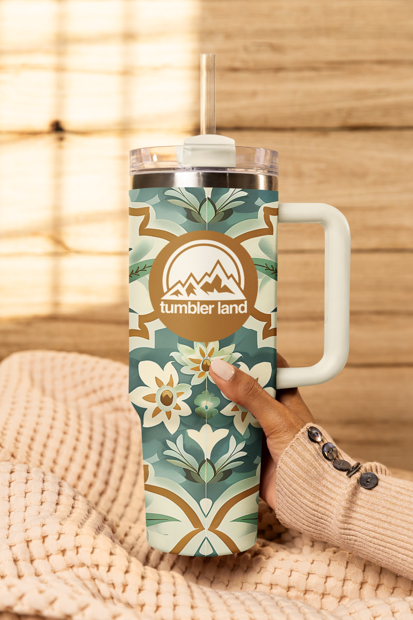 40oz Floral Tumbler | White Handle | Insulated Mug | Gift
