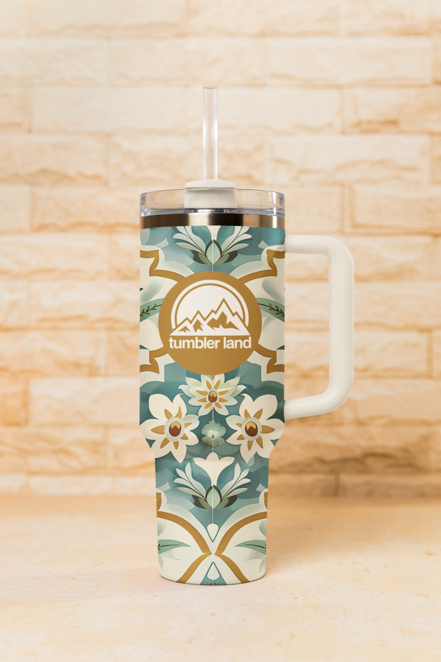 40oz Floral Tumbler | White Handle | Insulated Mug | Gift