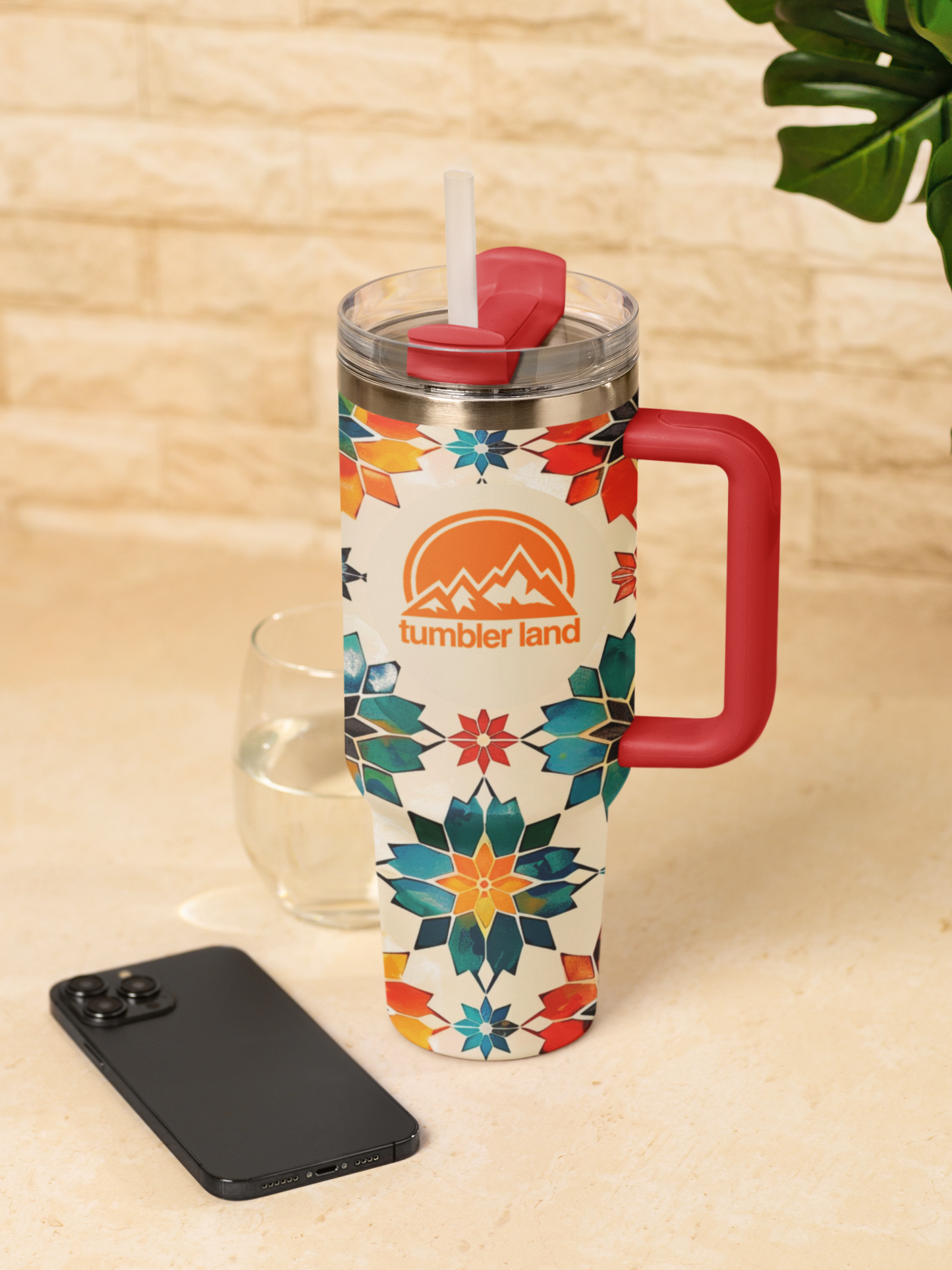 40oz Vacuum Thermal Tumbler | Mosaic Pattern | Red Handle | Insulated Mug