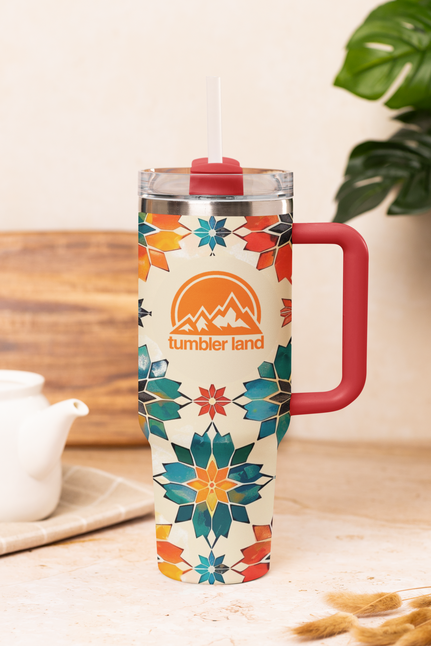 40oz Vacuum Thermal Tumbler | Mosaic Pattern | Red Handle | Insulated Mug