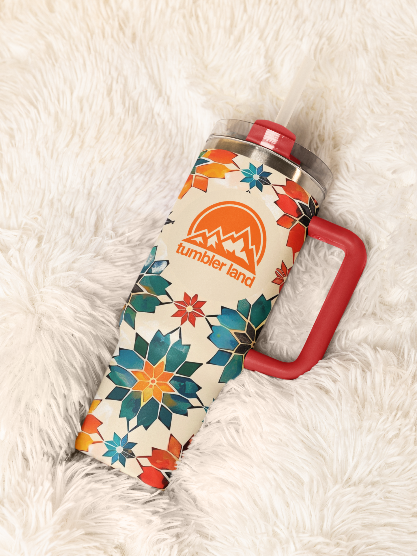 40oz Vacuum Thermal Tumbler | Mosaic Pattern | Red Handle | Insulated Mug