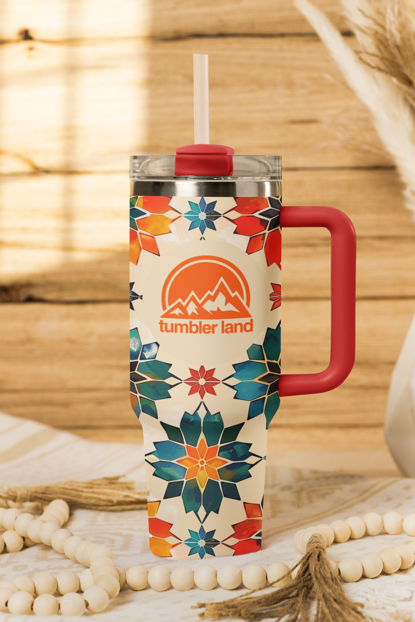 40oz Vacuum Thermal Tumbler | Mosaic Pattern | Red Handle | Insulated Mug