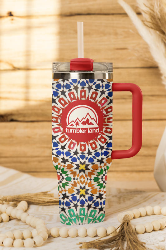 40oz Mosaic Tumbler | Red Handle | Insulated Stainless Mug