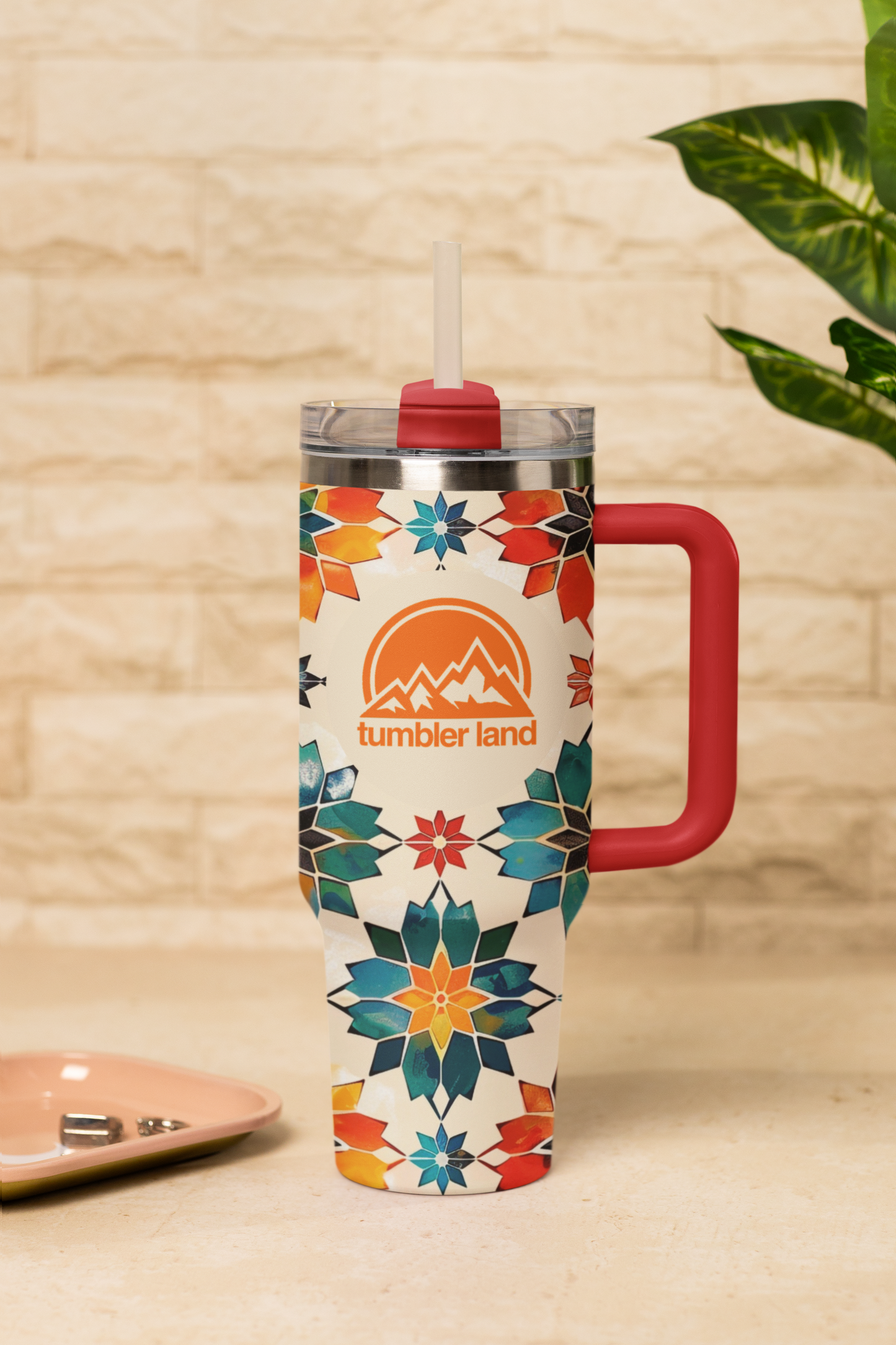 40oz Vacuum Thermal Tumbler | Mosaic Pattern | Red Handle | Insulated Mug