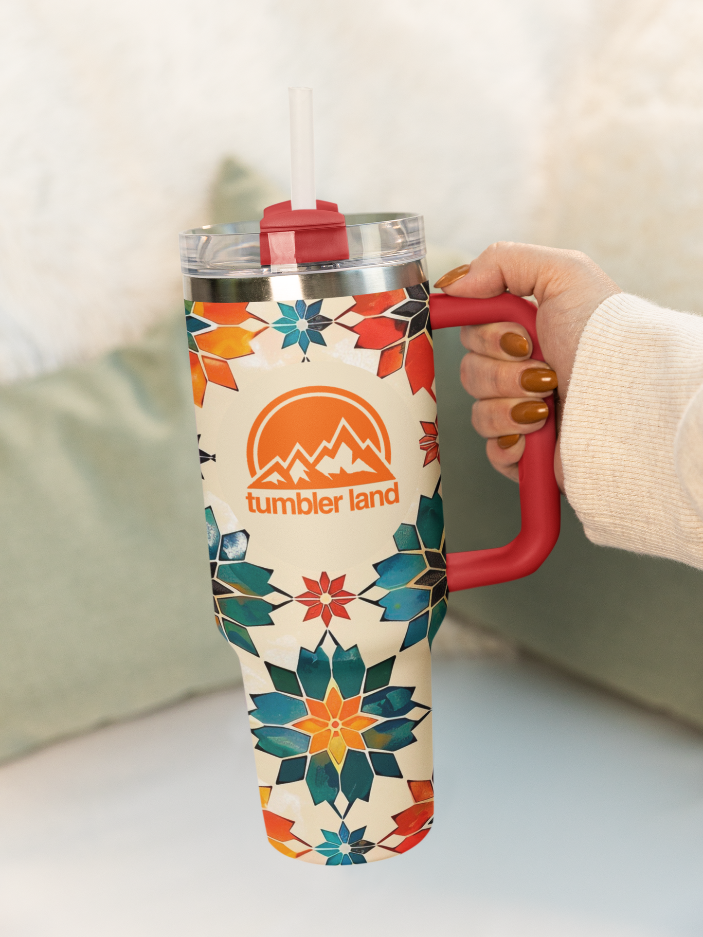 40oz Vacuum Thermal Tumbler | Mosaic Pattern | Red Handle | Insulated Mug