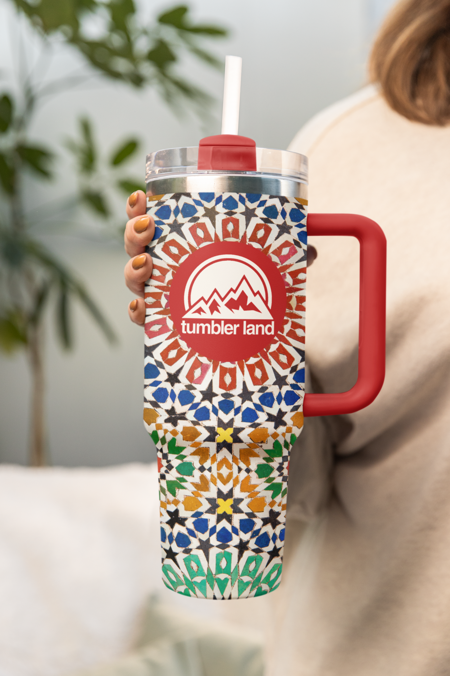 40oz Mosaic Tumbler | Red Handle | Insulated Stainless Mug