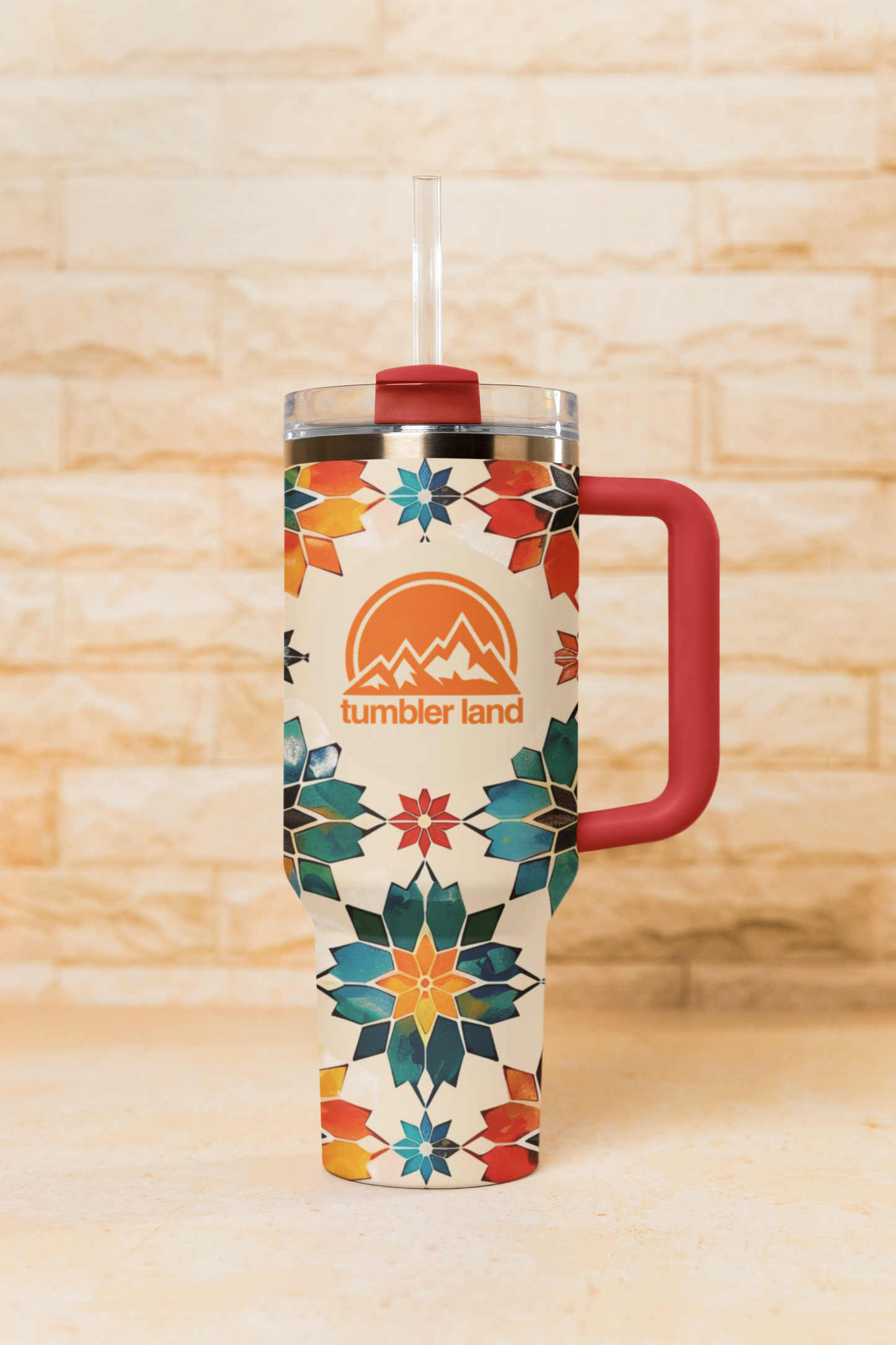 40oz Vacuum Thermal Tumbler | Mosaic Pattern | Red Handle | Insulated Mug