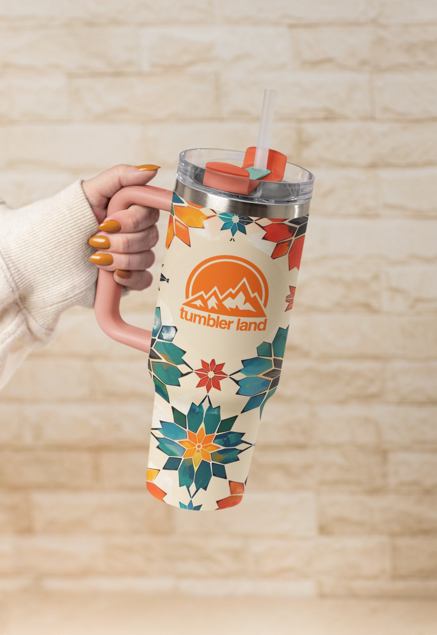 40oz Vacuum Thermal Tumbler | Mosaic Pattern | Red Handle | Insulated Mug