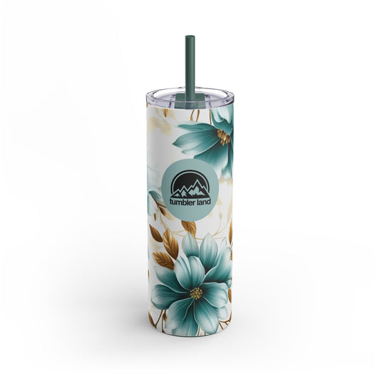 20oz Teal Floral Skinny Tumbler with Straw
