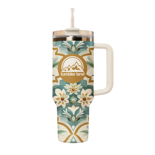 40oz Floral Tumbler | White Handle | Insulated Mug | Gift
