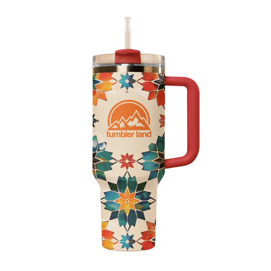 40oz Vacuum Thermal Tumbler | Mosaic Pattern | Red Handle | Insulated Mug