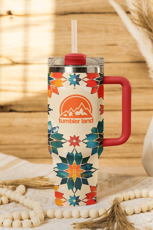 40oz Vacuum Thermal Tumbler | Mosaic Pattern | Red Handle | Insulated Mug