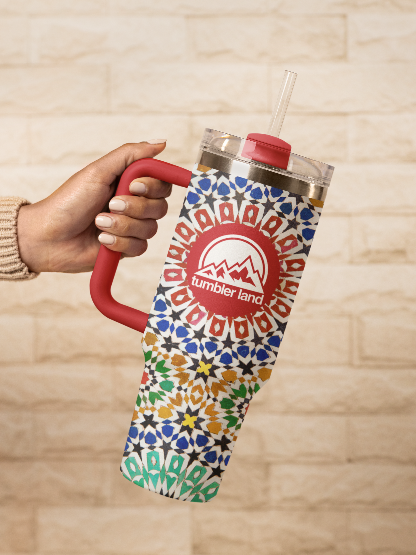 40oz Mosaic Tumbler | Red Handle | Insulated Stainless Mug